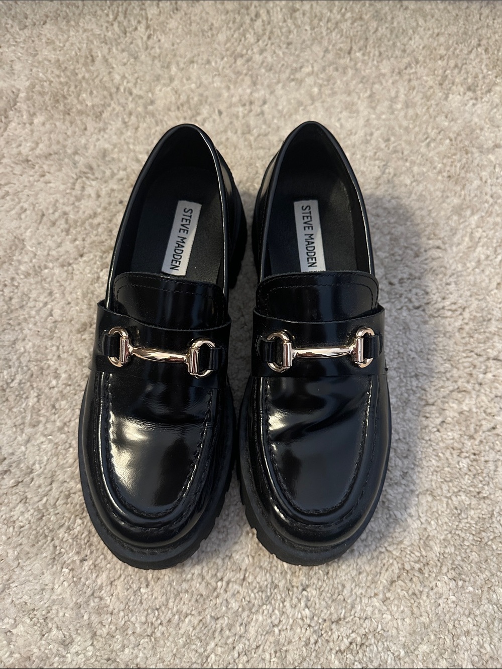 Steve Madden Black Patent Loafers with Gold Accent